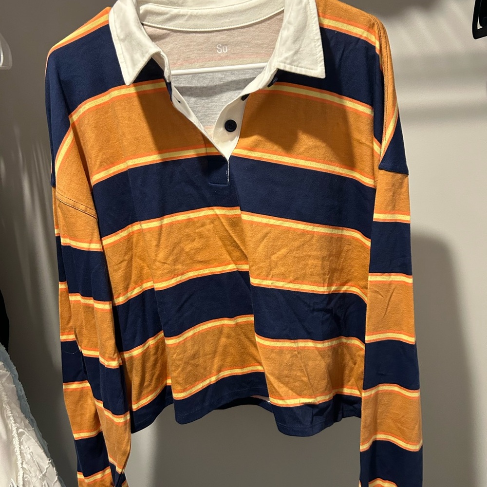 SO Cropped Navy and Orange Striped Button Down Shirt